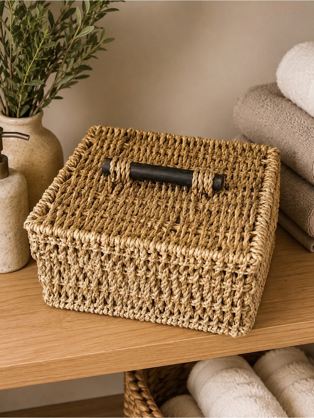 Woven Natural Seagrass Lidded Storage Box with Dark Wood Handle